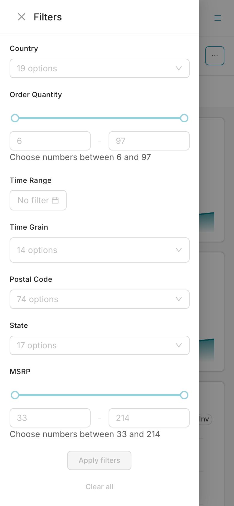 The dashboard filter drawer on mobile